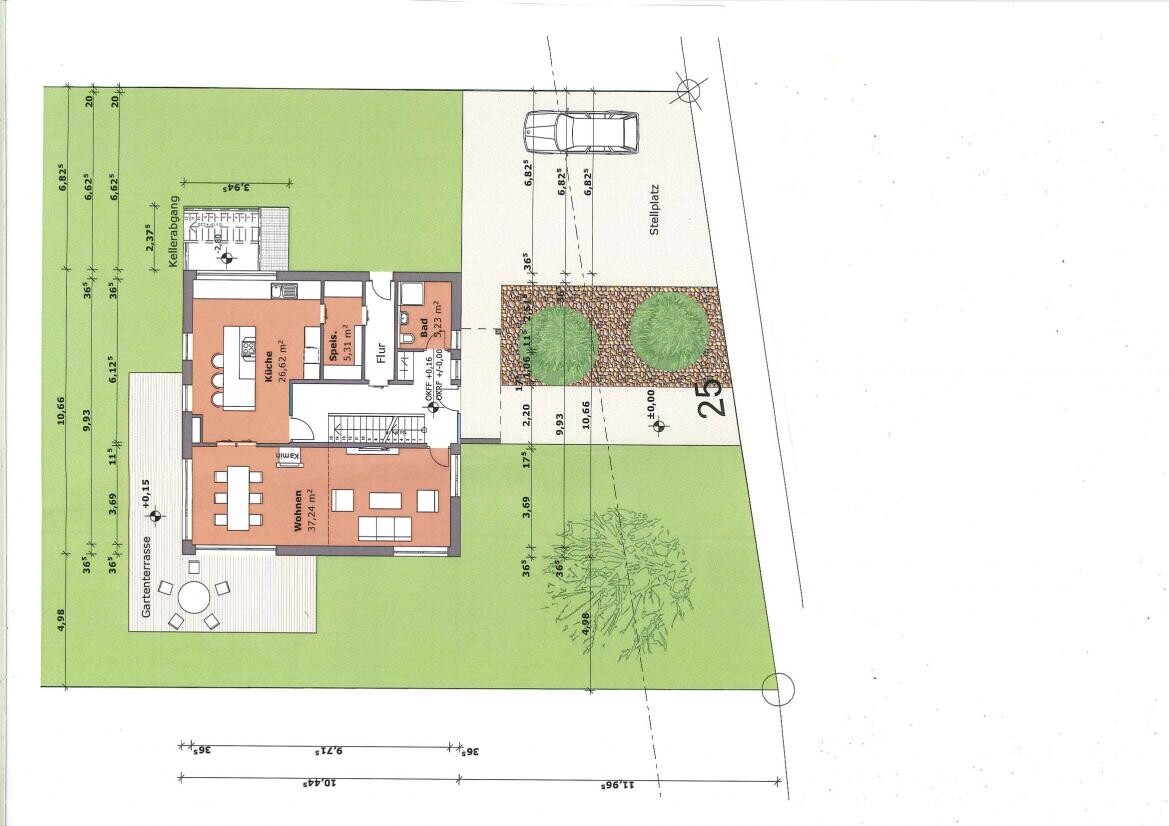 Grundrissplan eines Einfamilienhauses auf Grundstück mit Garten, Terrasse und Stellplatz