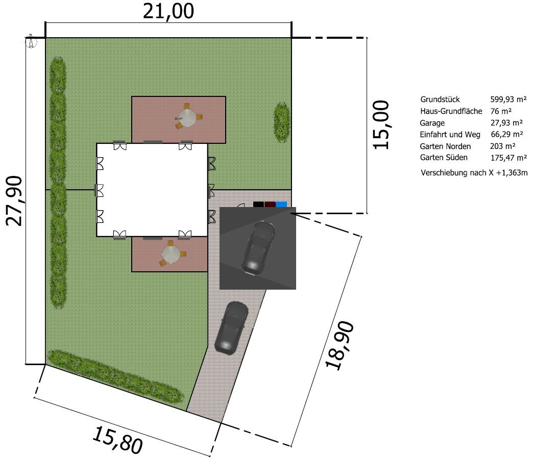 Grundstücksplan: Hausgrundriss, Garten, Zufahrt und Parkplatz