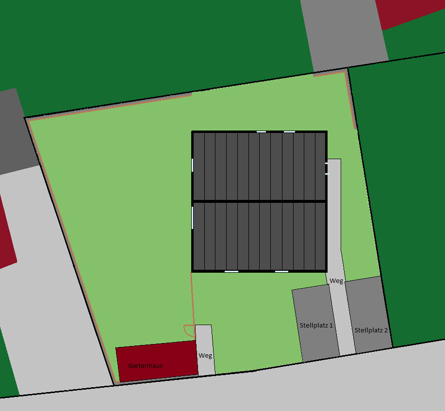 Lageplan eines Grundstücks mit Haus, Gartenhaus, Wegen und Stellplätzen aus Vogelperspektive.
