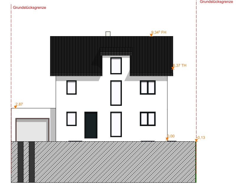 Frontansicht eines weißen Hauses mit schwarzem Dach, mehreren Fenstern und Garage links.