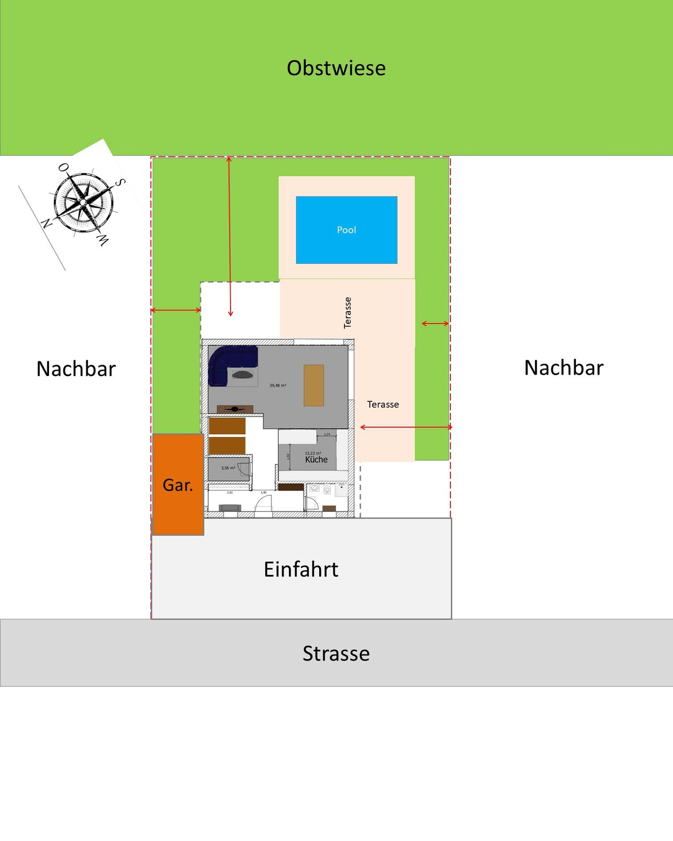 Grundriss eines Hauses mit Garage, Küche, Terrasse, Pool, Obstwiese und Einfahrt zur Straße.