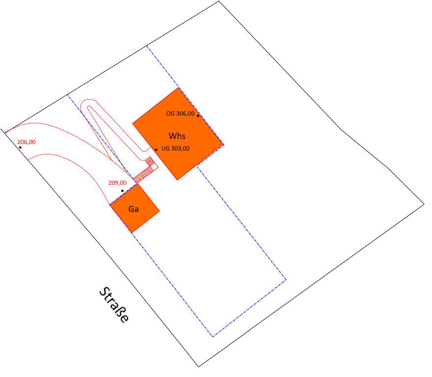 Grundstücksplan mit Straßennamen, Grenze und orange markierte Wohnhaus- und Garagenflächen