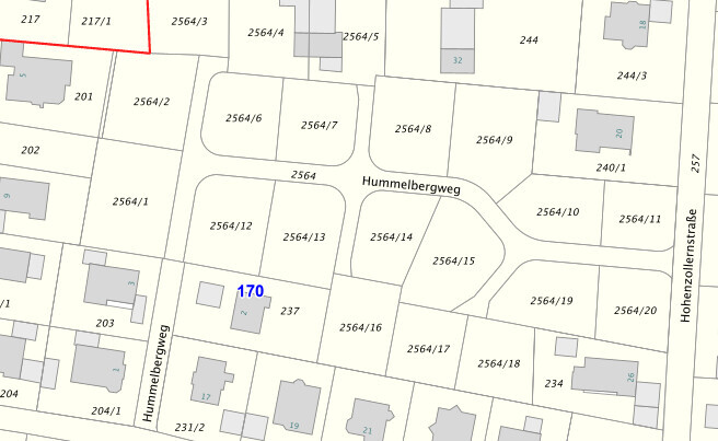 Detailreicher Lageplan: Parzellen, Straßen Hummelbergweg/Hohenholzstraße; roter Umriss oben links.