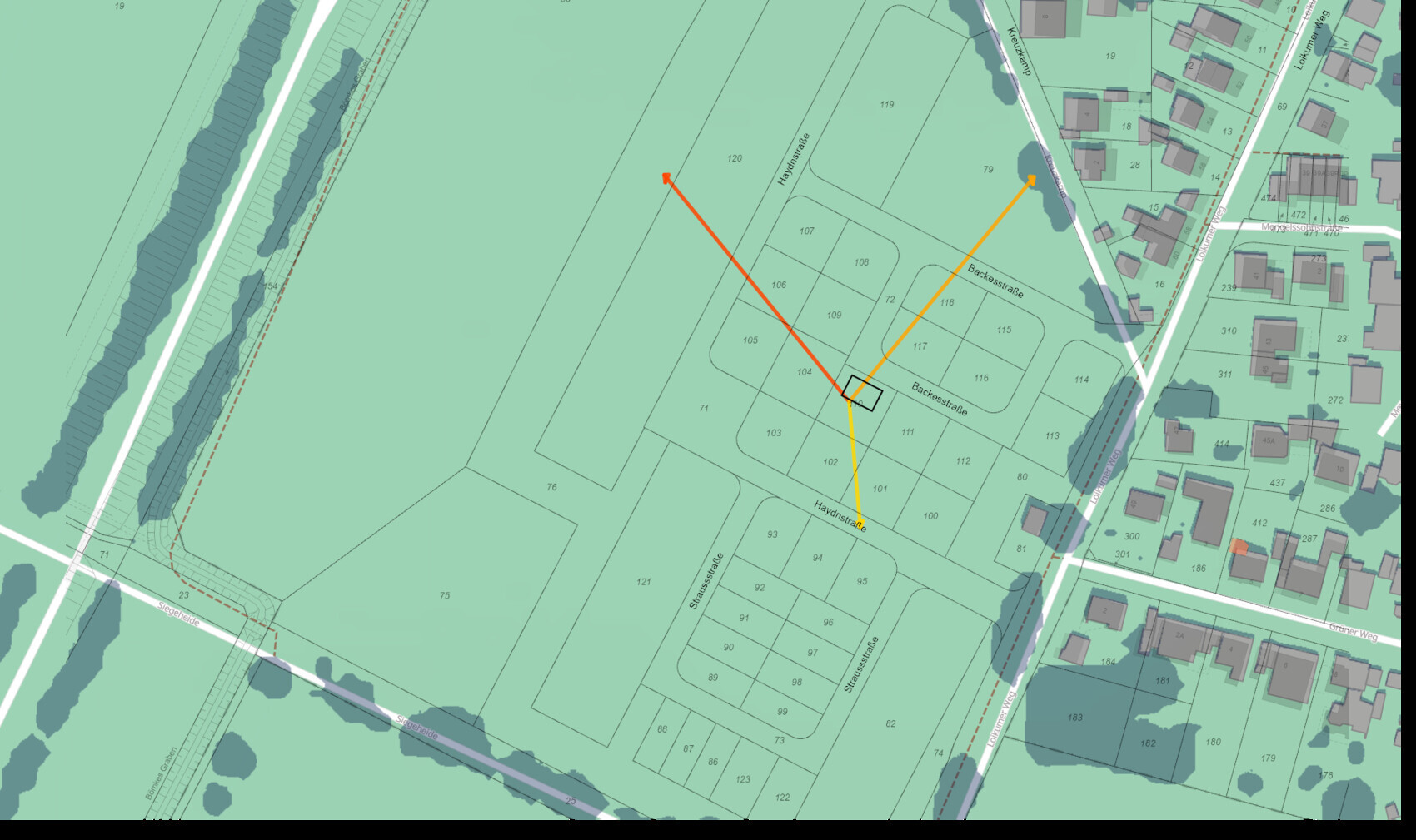 Lageplan mit Parzellen, Straßenverlauf und markierten Linien für Grundstücksplanung.