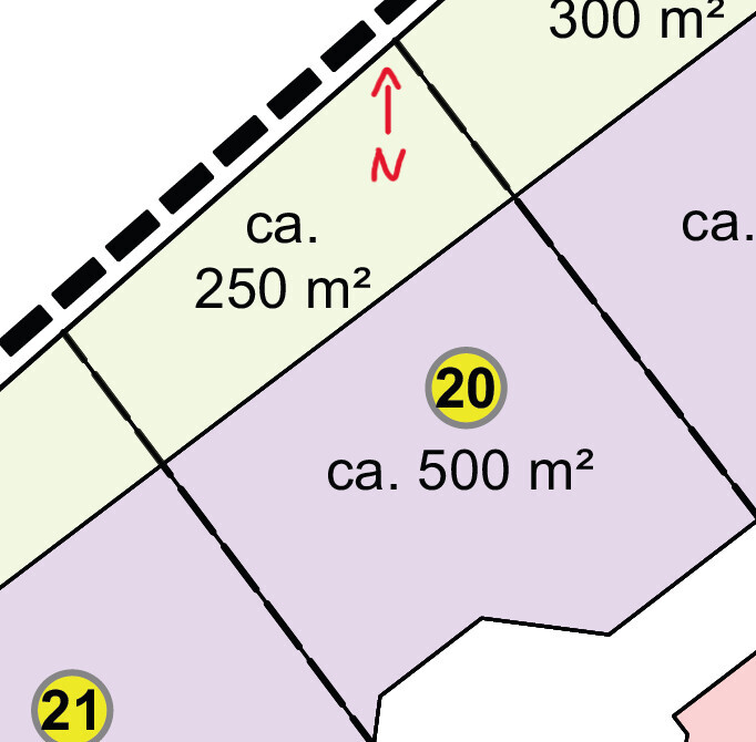 Parzellenplan mit Flächen: ca. 250 m², 500 m², 300 m²; Nordrichtung N; Parzellen 20, 21.