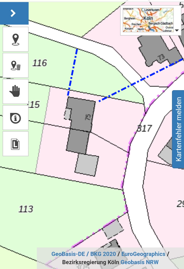 Kadastrale Karte mit Parzellen, Straßen und Grenzlinien