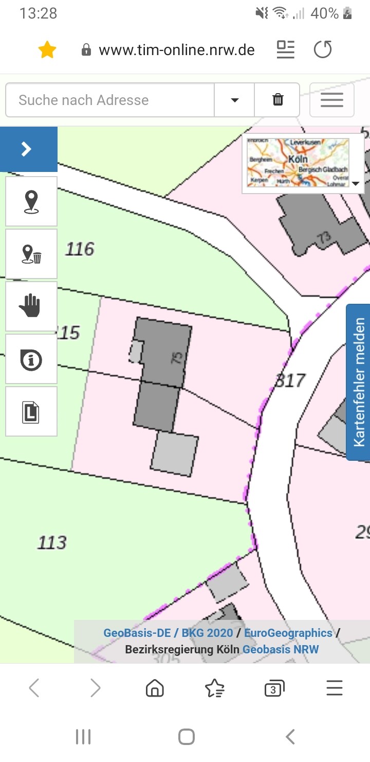 Kartenansicht eines NRW-Gebiets mit Parzellen 116, 115, 113 und grauen Gebäuden.