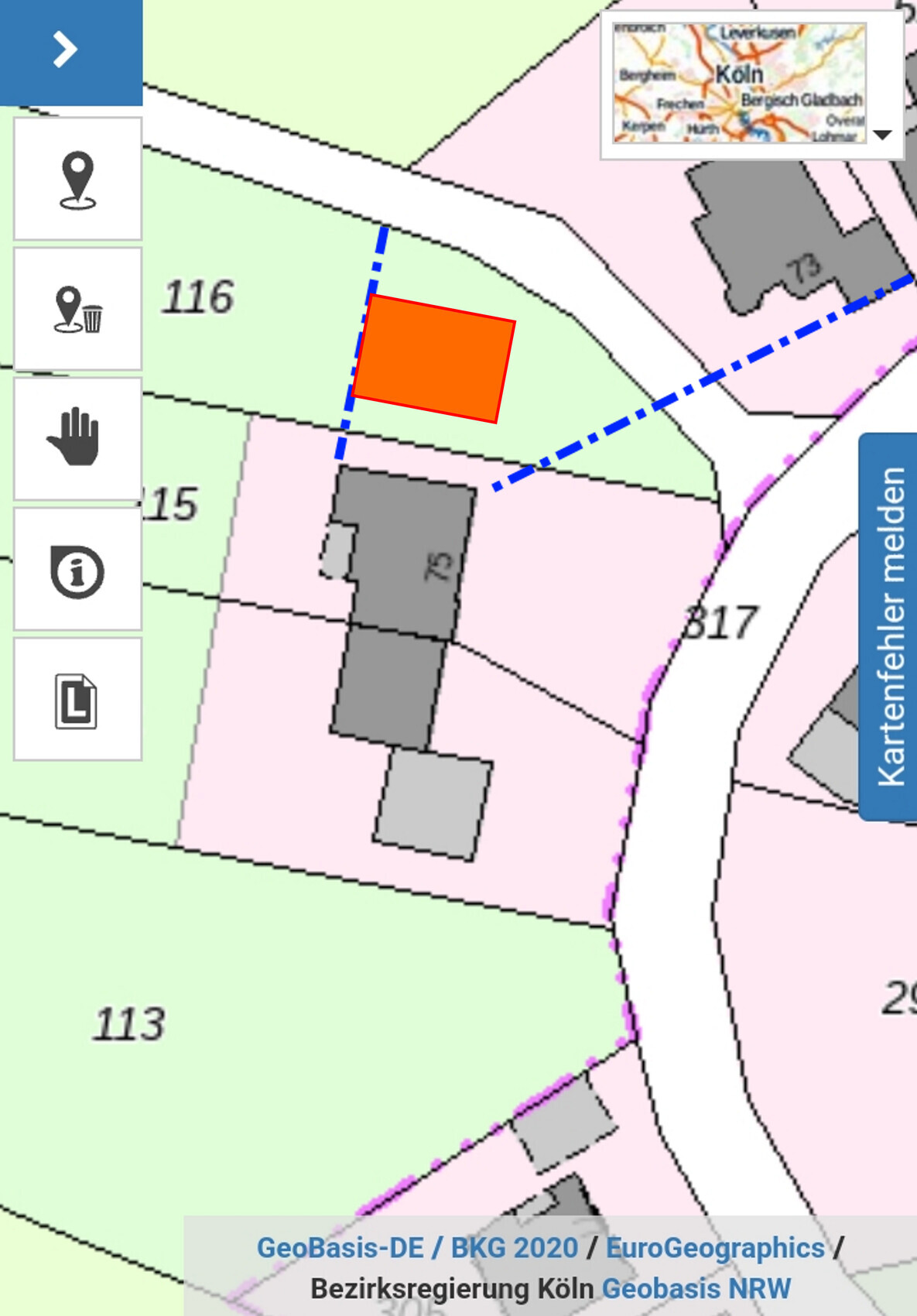 Katastrale Karte mit orangefarbenem Grundstück und blauen Grenzlinien