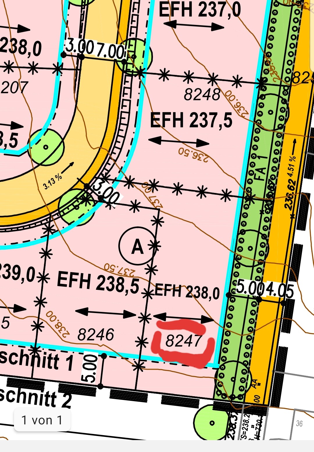 Topografische Karte: pinke Flächen, Höhenwerte EFH 237,5, Kreis A, Kennzeichnung 8247.