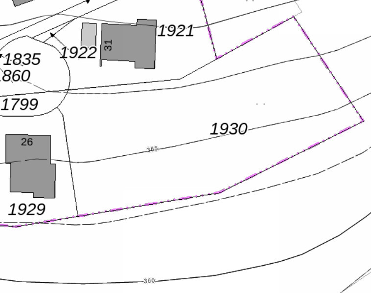 Lageplan mit grauen Gebäuden und Parzellen 1921, 1922, 1930, 1929; lila Grenzlinie