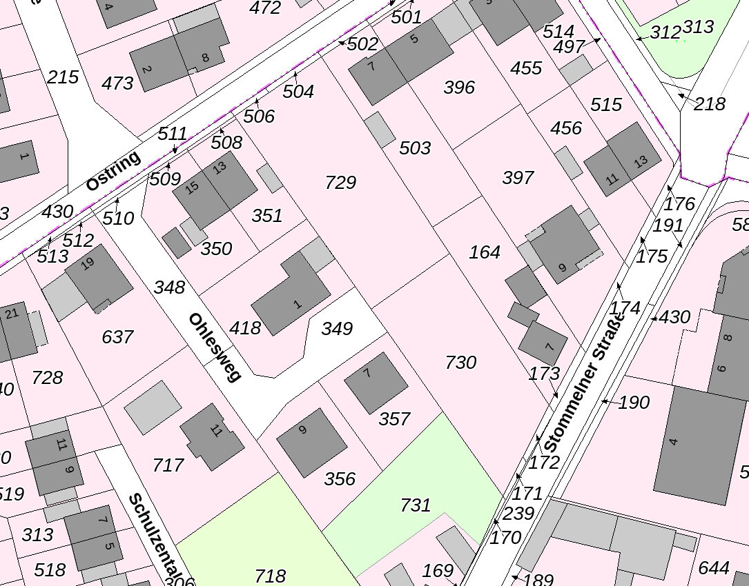 Lageplan mit Parzellenzahlen, Gebäuden und Straßen in einem Bebauungsplan