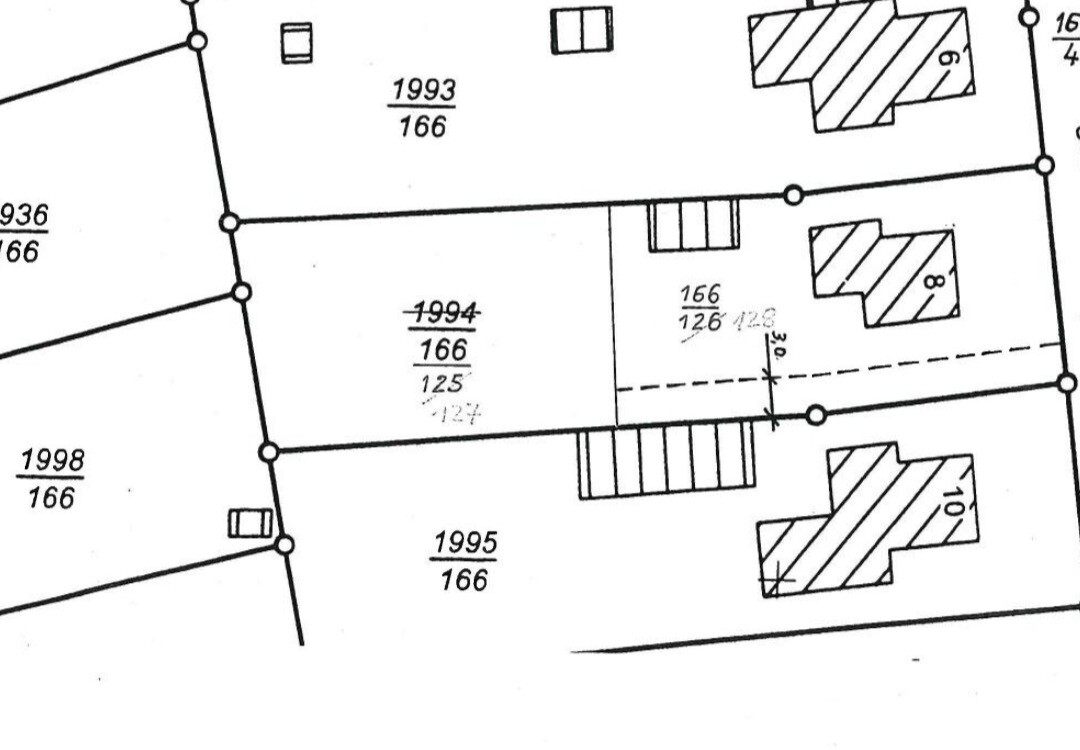 Lageplan eines Grundstücks mit Parzellen 1993–1995, Gebäuden und Dachflächen.