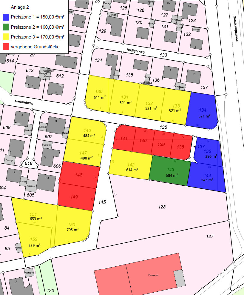 Lageplan mit farblich kodierten Parzellen: Blau=Z1, Grün=Z2, Gelb=Z3, Rot vergeben.