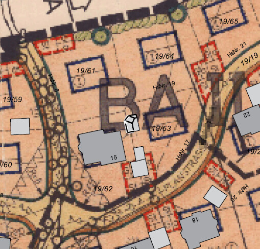 Katastrale Karte mit Parzellen, Gebäude und Wegen, Grundstücksübersicht