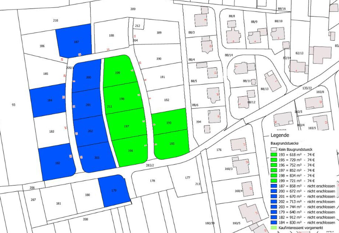 Lageplan mit blau und grün markierten Baugrundstücken, Legende rechts.