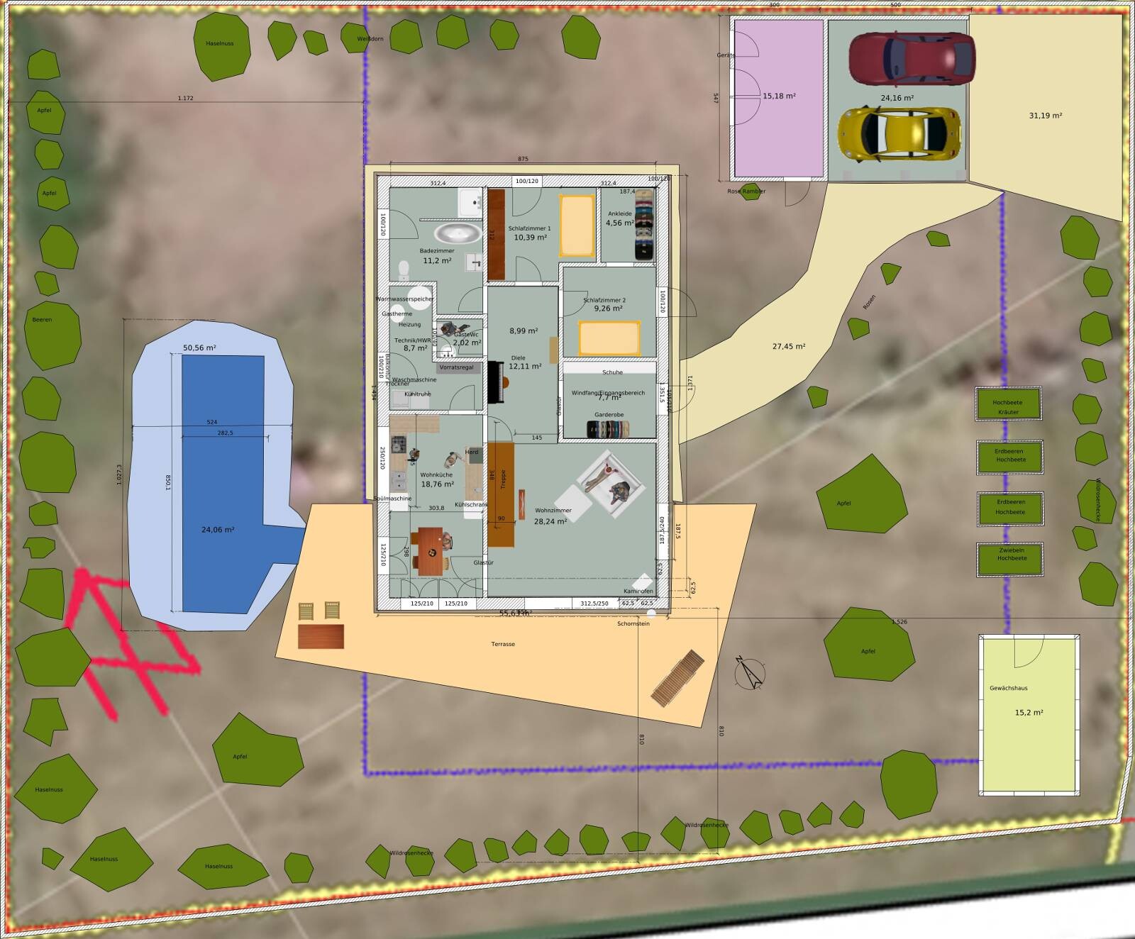 Lageplan: Wohnhaus mit Terrasse, Garten, Pool, Garage, Zufahrt und Bäumen.