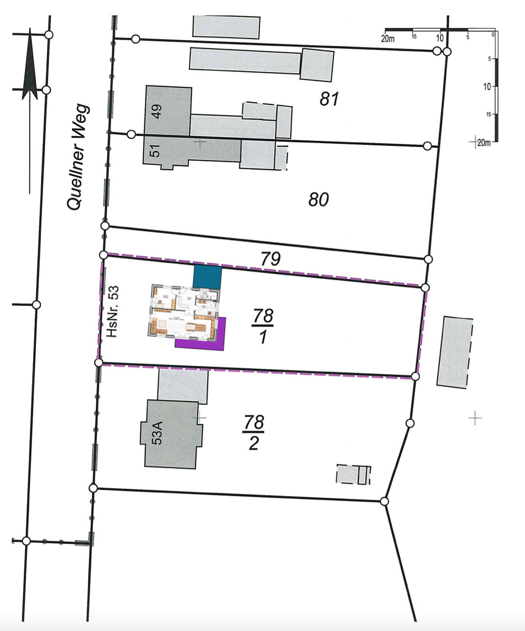 Lageplan eines Grundstücks mit Parzellen 78/1, 78/2, 79, 80, 81 und Gebäuden.