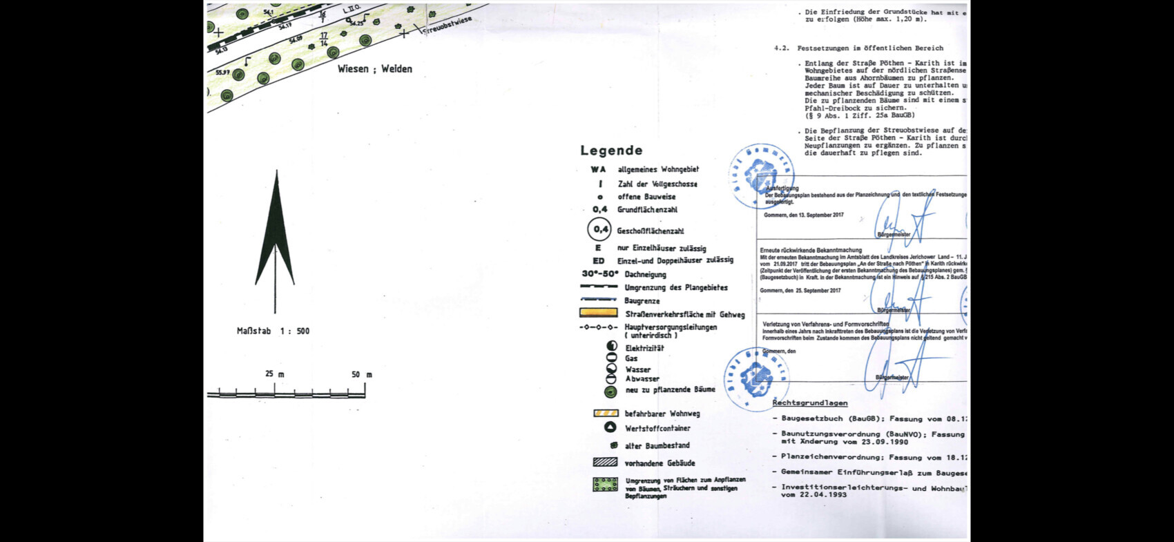 Lageplan mit Legende, Maßstab 1:500, Nordpfeil, Textblöcke und Stempel rechts.