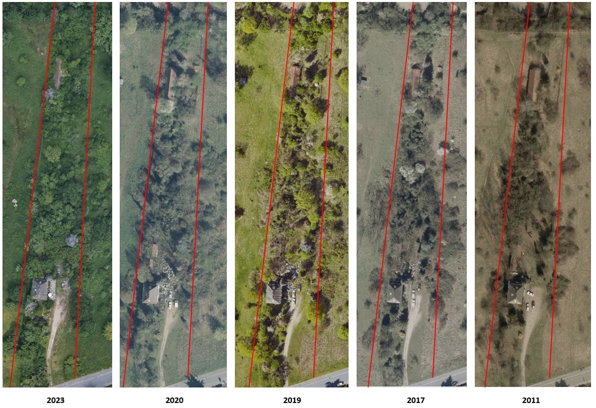 Luftbild einer Parzelle mit Haus und Zufahrt, rote Markierungen, Jahre 2011–2023