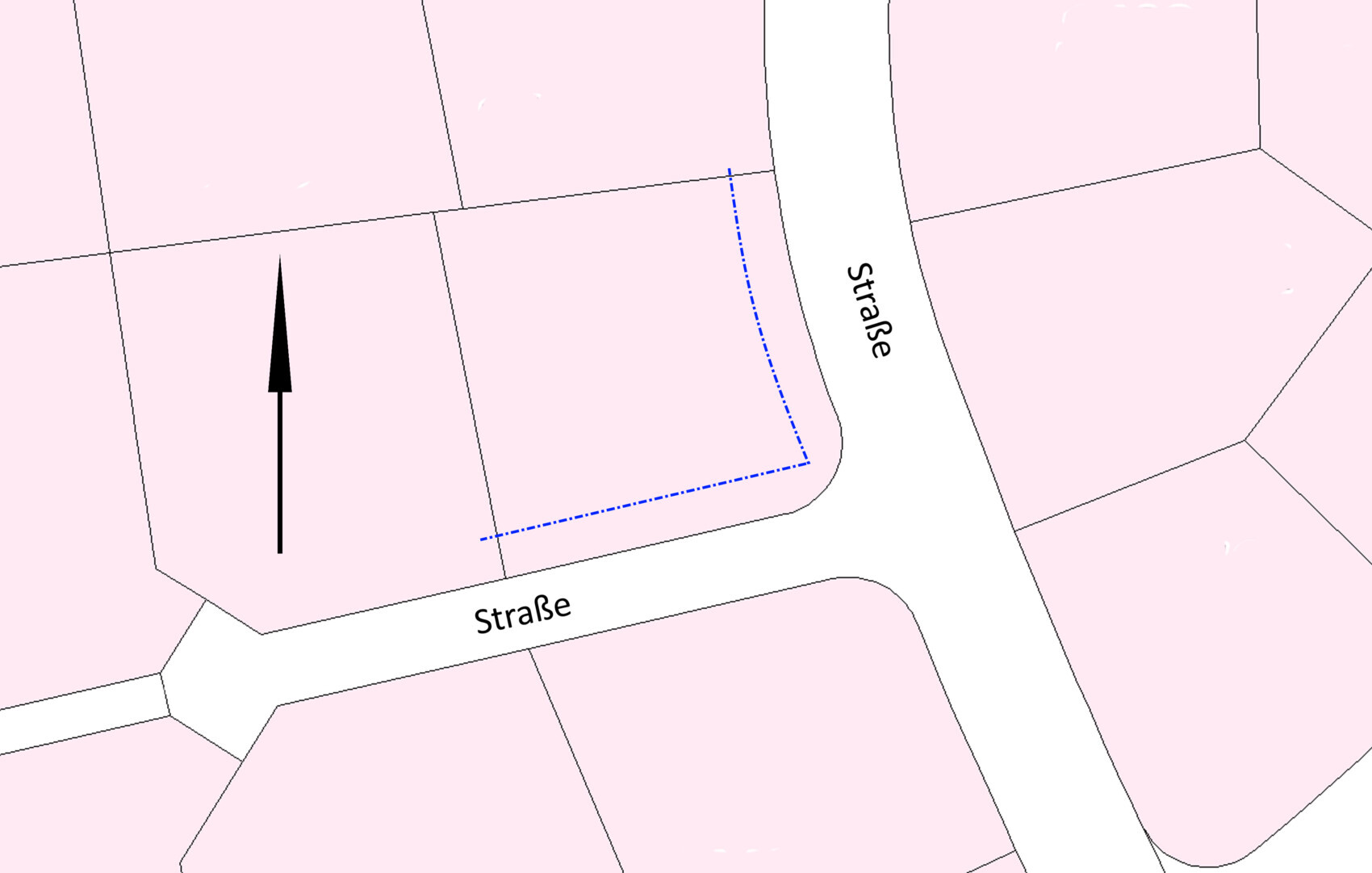 Lageplan einer Straßenecke: pinke Bauflächen und blau gestrichelter Grundstücksrand an der Straße.