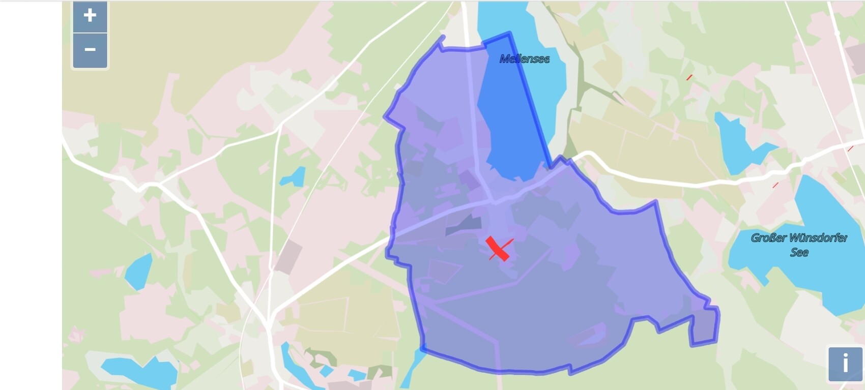 Karte mit großer lila Fläche, dunkler Umrandung, rotem X; Mellensee oben, Großer Windsdorfer See.