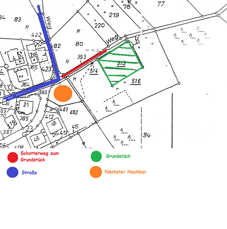 Lageplan mit blauer Straße, rotem Weg, grün schraffiertem Grundstück und orangefarbenem Nachbar-Symbol.