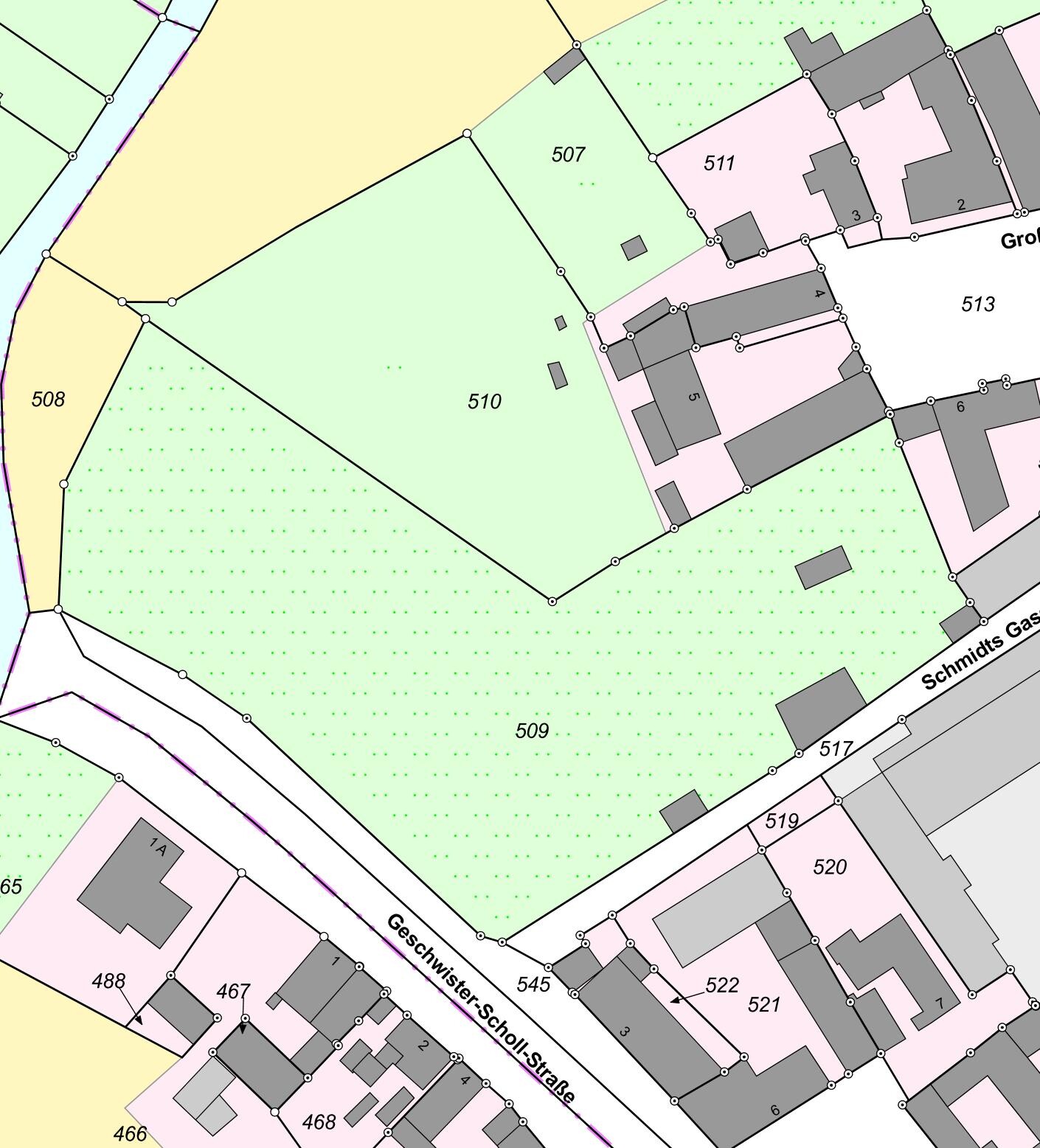 Topografische Grundstückskarte mit Parzellengrenzen, Nummern, Straßen und Gebäuden