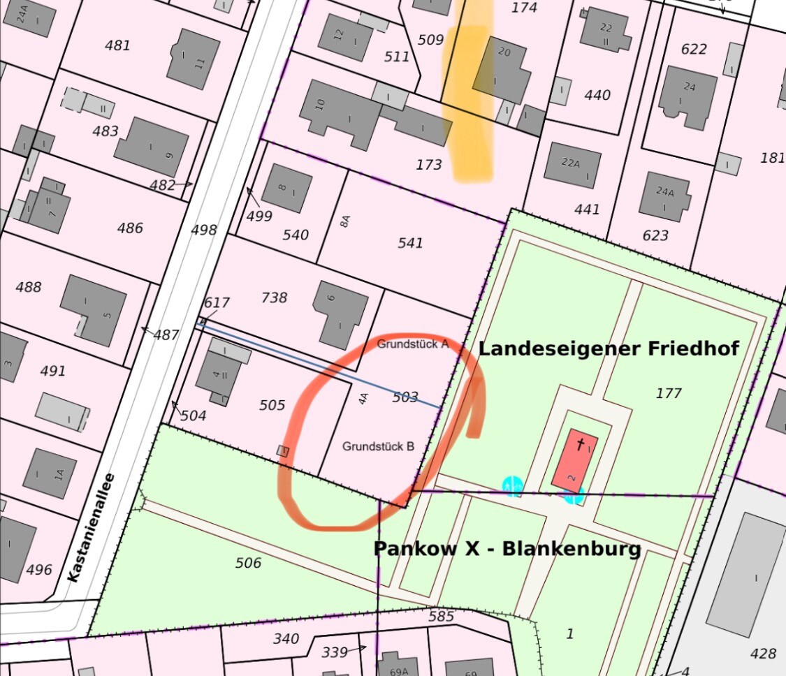 Lageplan eines Siedlungsgebietes mit Grundstücken, Straßen, Grünflächen und einem Friedhof