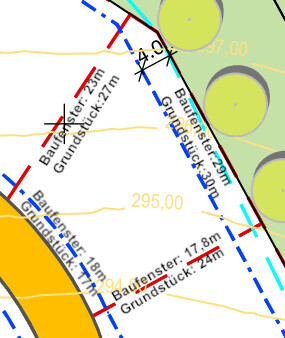 Kadastrale Karte mit Grundstücksgrenzen, Linien und Maßangaben