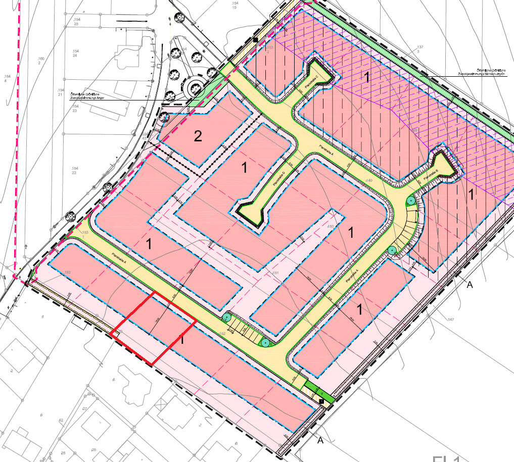 Lageplan eines Baugebiets mit parzellierten Grundstücken, Straßen und Grünflächen