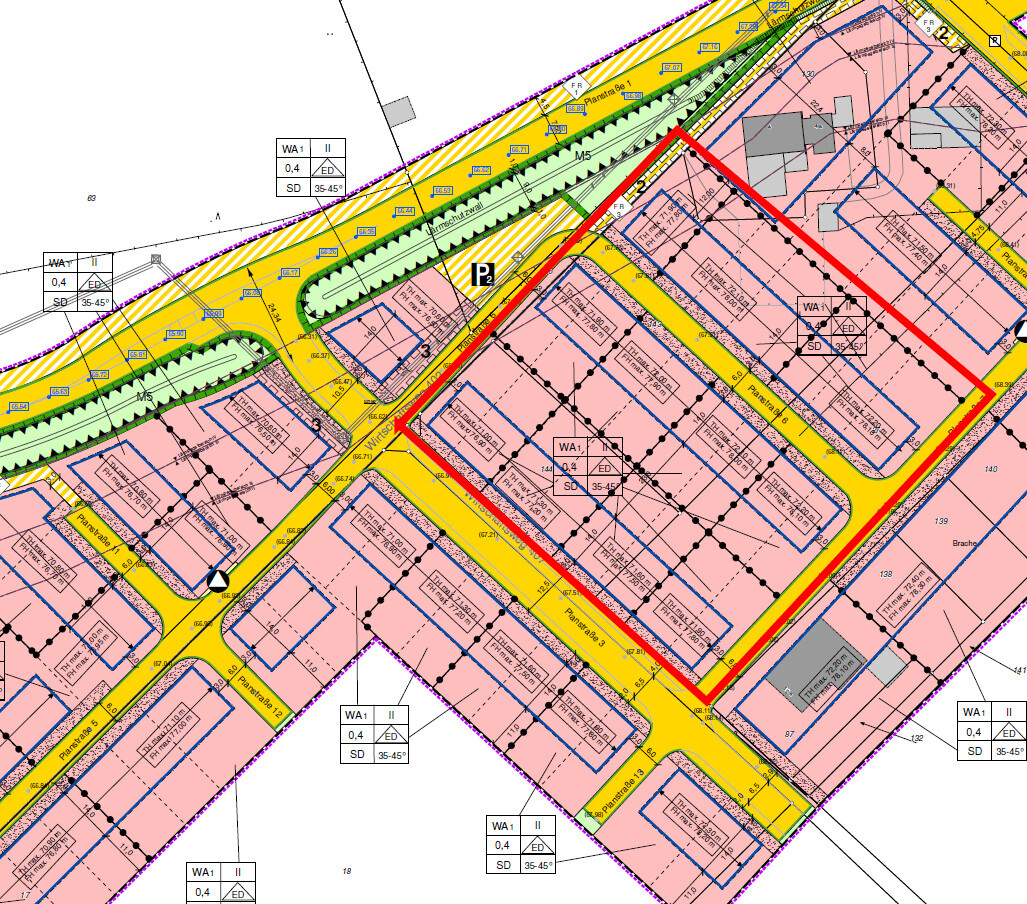 Detaillierter Lageplan eines Baugebiets mit Parzellen, Straßen und Bebauungszonen.