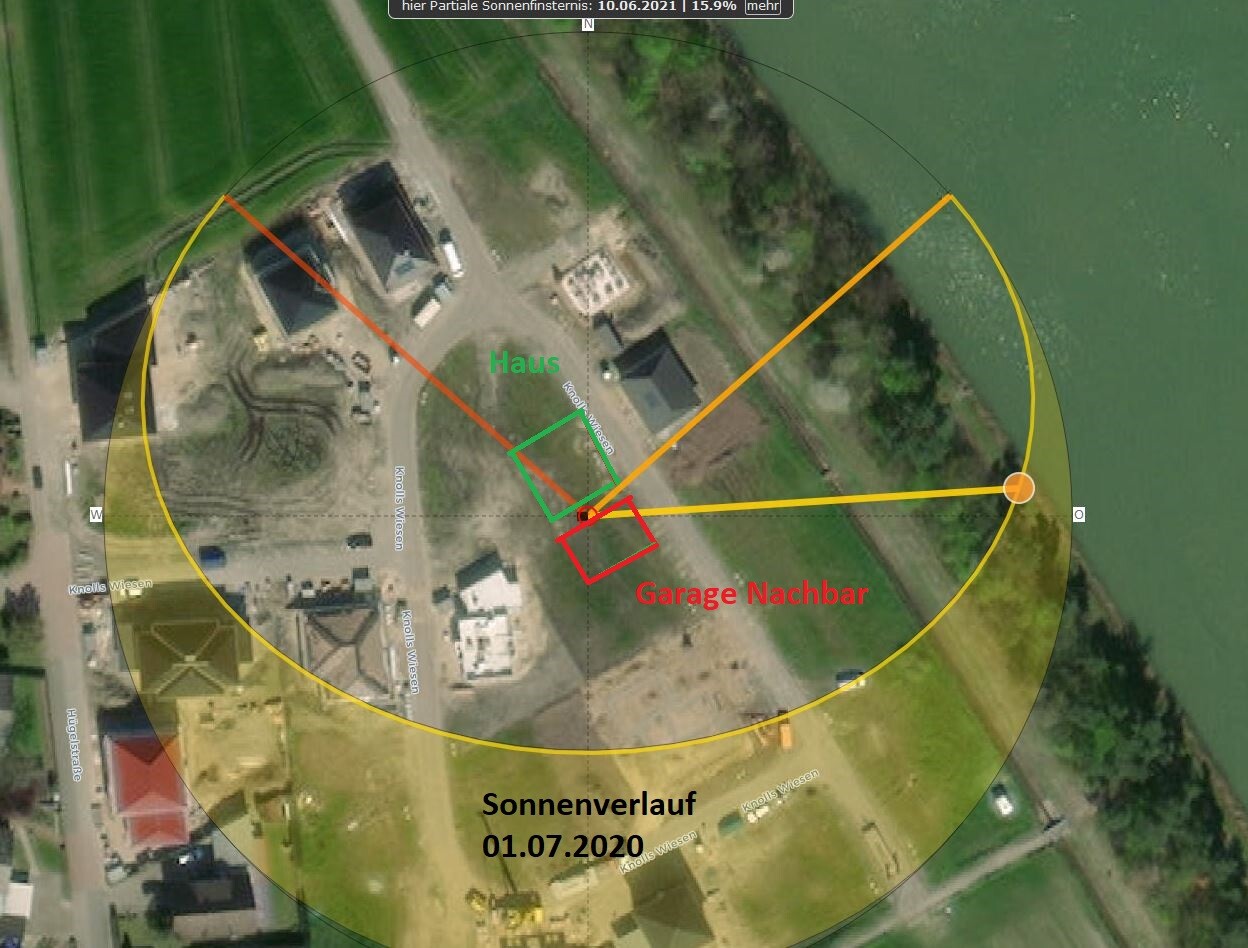 Satellitenbild eines Grundstücks mit Kreisen, Haus (grün), Garage (rot), Sonnenlauf 01.07.2020.