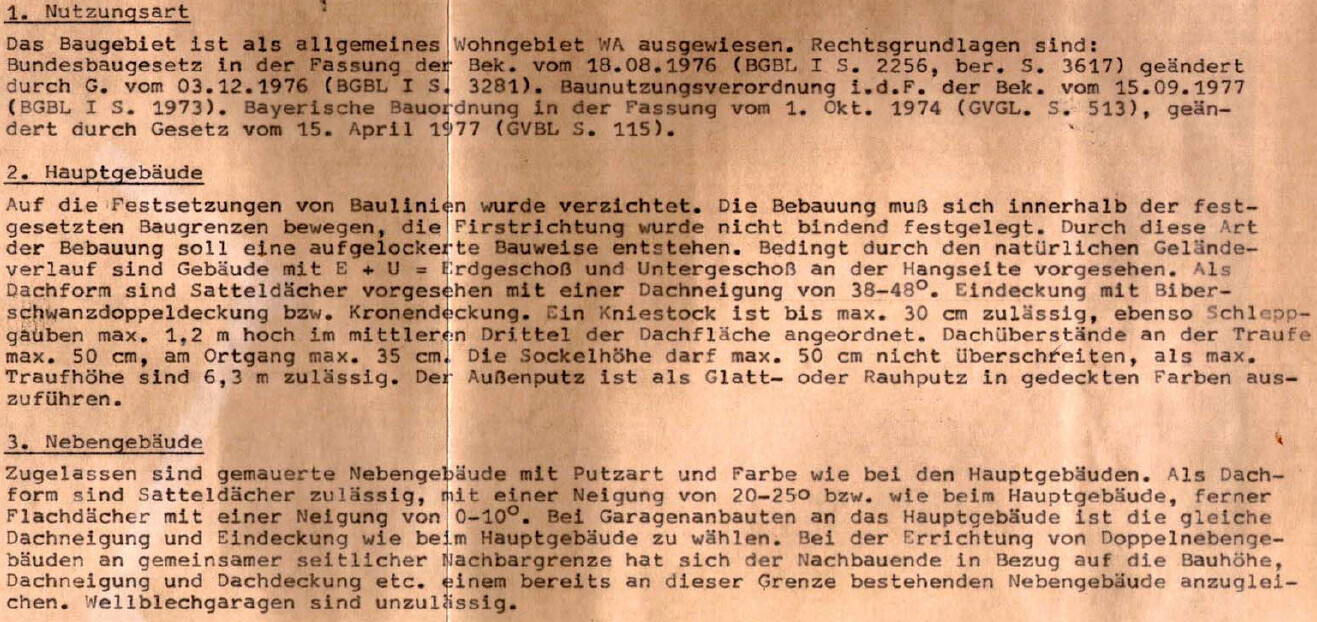 Scan eines deutschen Baurechtsdokuments mit Nutzungsart, Haupt- und Nebengebäuden.