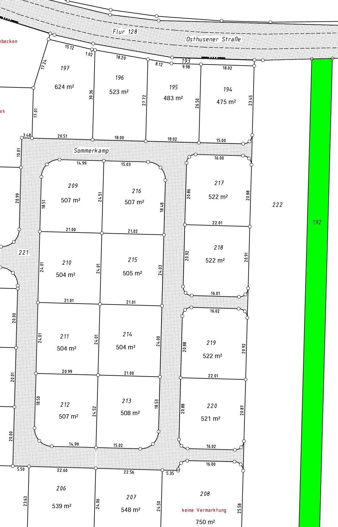 Grundriss eines Siedlungsplans mit Parzellen, Größenangaben, Osthusener Straße, Grünstreifen rechts.