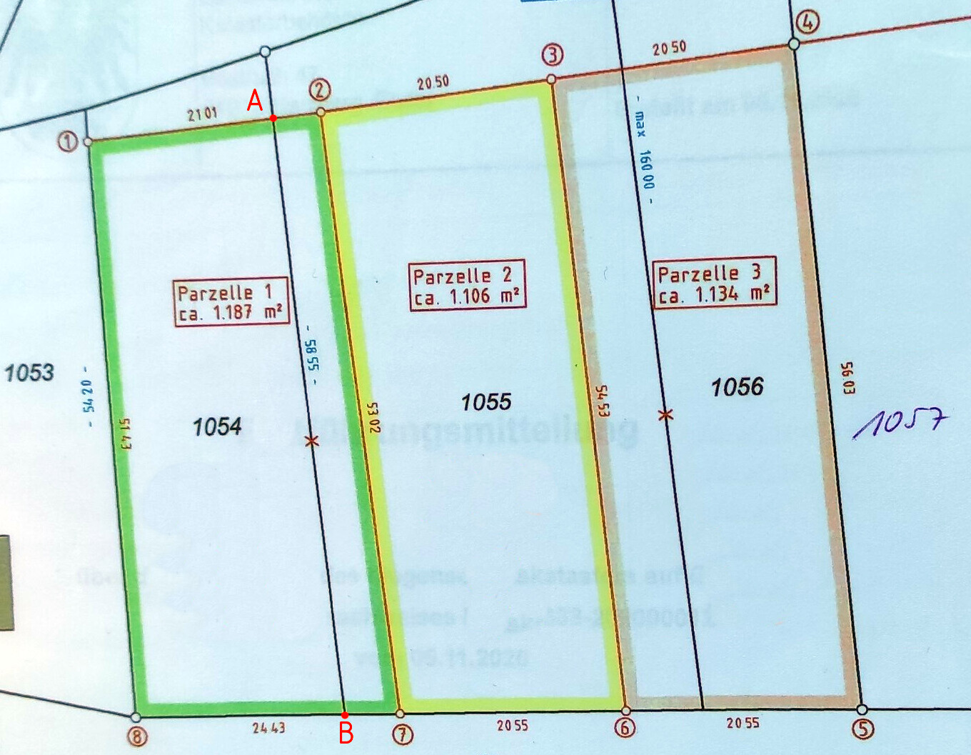Lageplan mit drei Parzellen (1: 1.187 m², 2: 1.106 m², 3: 1.134 m²), farbige Umrandungen.