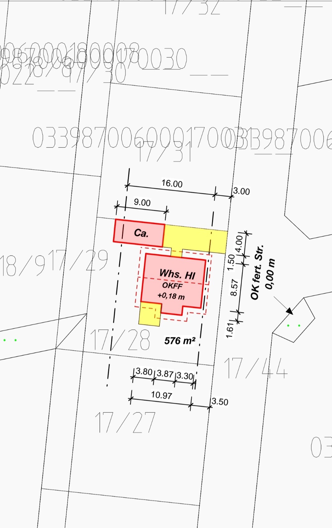 Grundstückslageplan: rotes, umrissenes Wohnhaus; gelbe Anbauten; ca. 576 m² Grundstücksfläche.