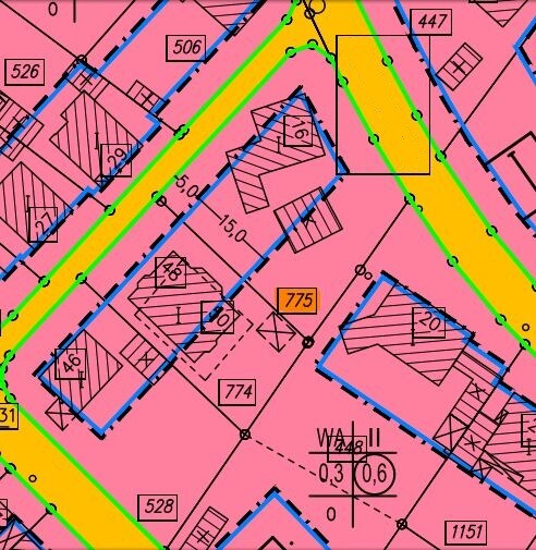 Lageplan: pinke Parzellen, blaue Umrisse, gelbe Straßen, grüne Linien, Nummern.