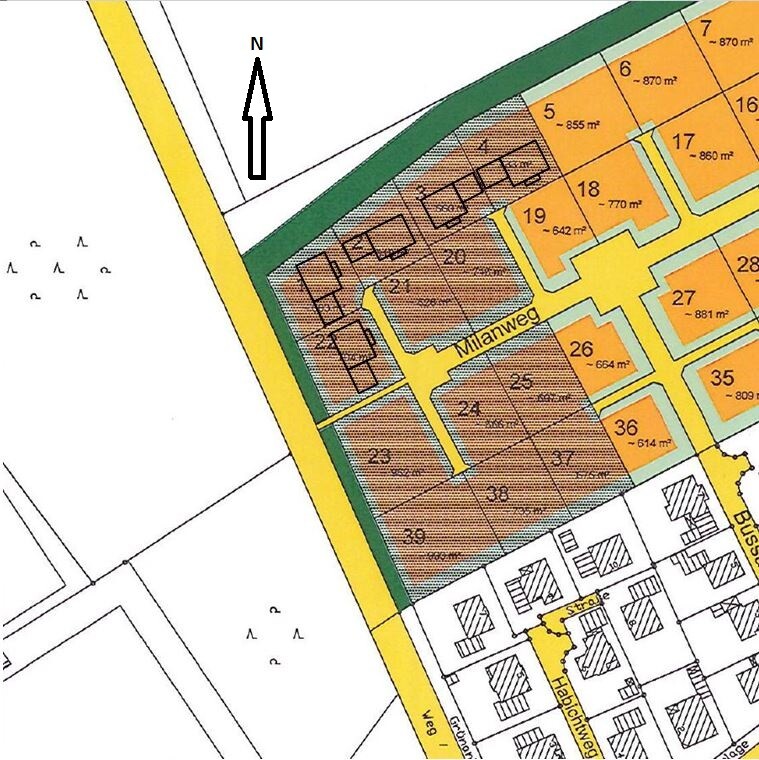 Lageplan eines Baugebiets mit farblich markierten Grundstücken und Straßen