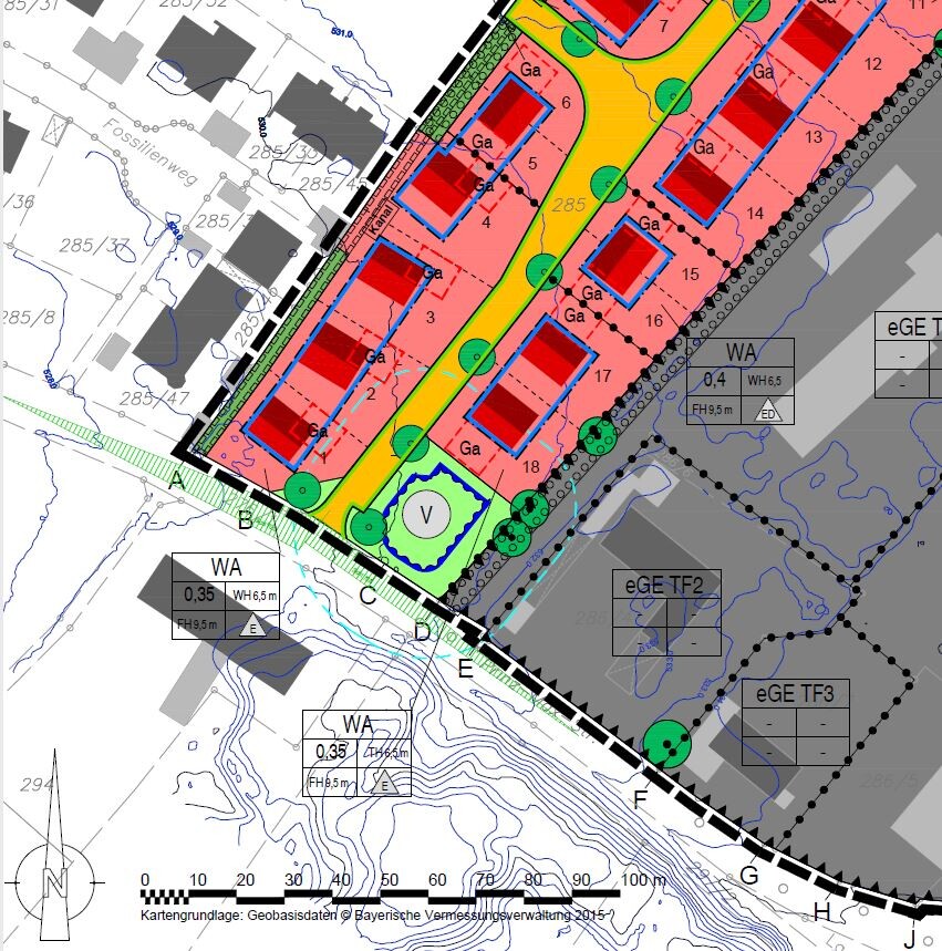 Detaillierter Bebauungsplan mit Grundstücksgrenzen, Häusergrundrissen und Straßen