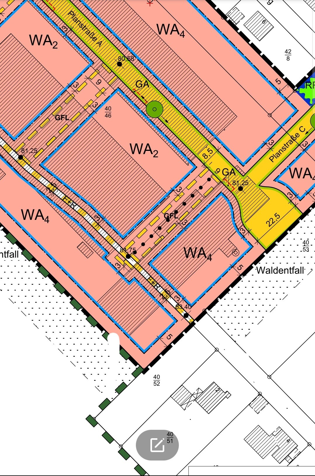 Zonenplan eines Bebauungsplans mit WA2, WA4, GA, GFL, Planstraße C und blauen Grundstücksgrenzen.
