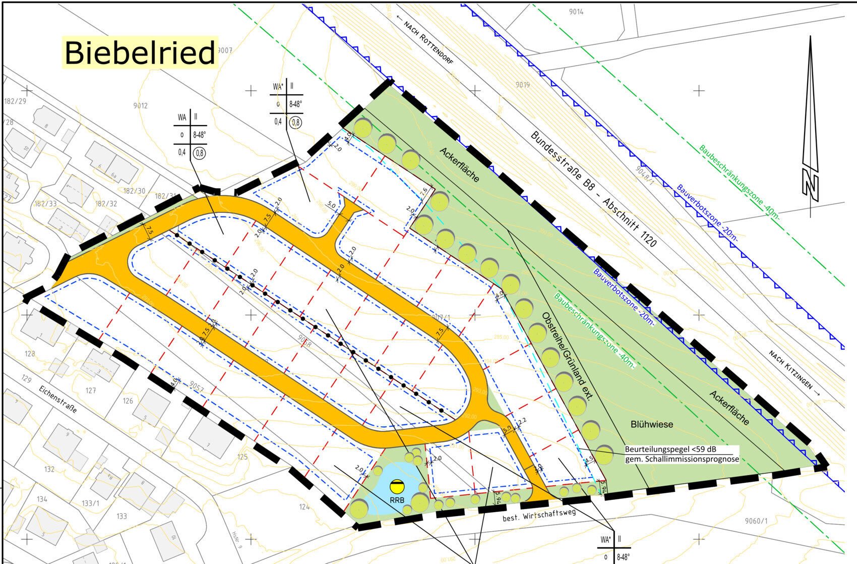 Lageplan von Biebelried: Ackerfläche, Blühwiese, Straßen und Bauflächen.