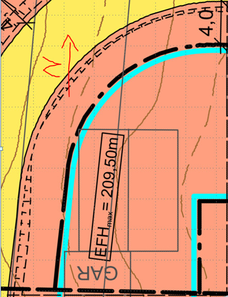 Kartenansicht eines Baugebietsplans mit farbigen Zonen, blauer Wasserlinie und Maßangaben.