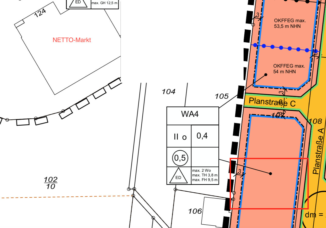 Lageplan des Gebiets: NETTO-Markt, Planstraße C, orange Bauflächen, blaue Grenzlinien.
