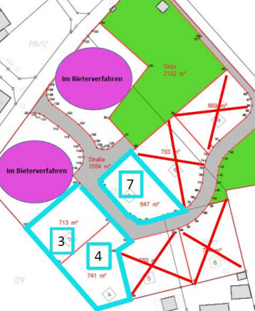 Lageplan mit Grundstücksparzellen, blauen Gebäudeflächen und grünen Freiflächen
