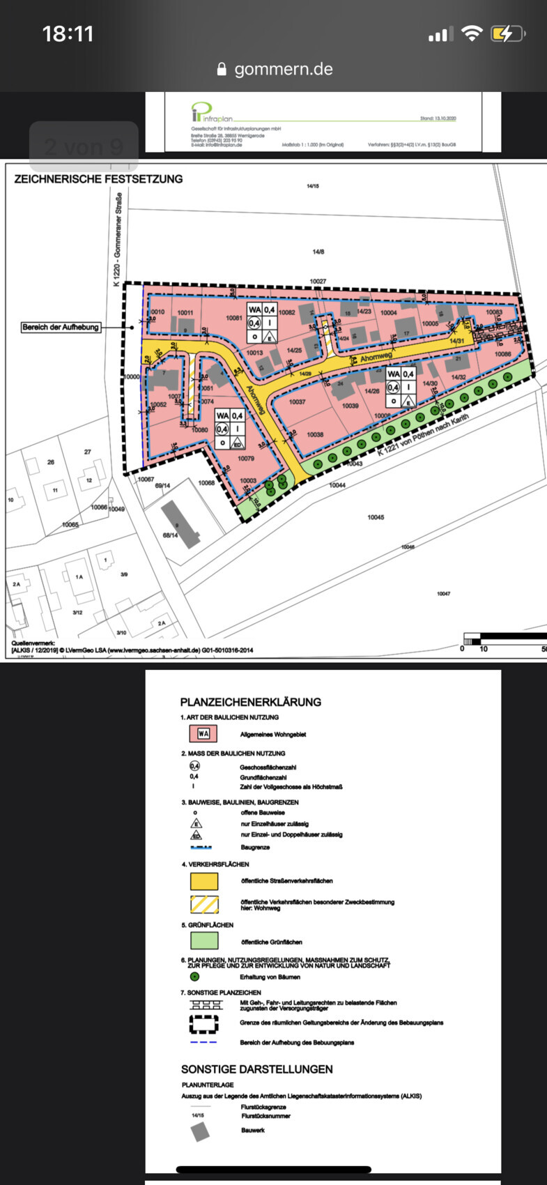 Bebauungsplan eines Wohngebiets mit farbigen Zonen, Straßenführung und Legende.