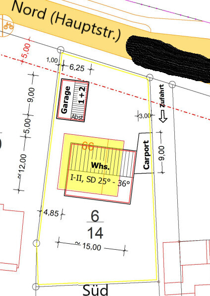 Grundstücks-Lageplan: Haus (Whs.), Garage, Carport, Nord(Hauptstr.), Zufahrt.