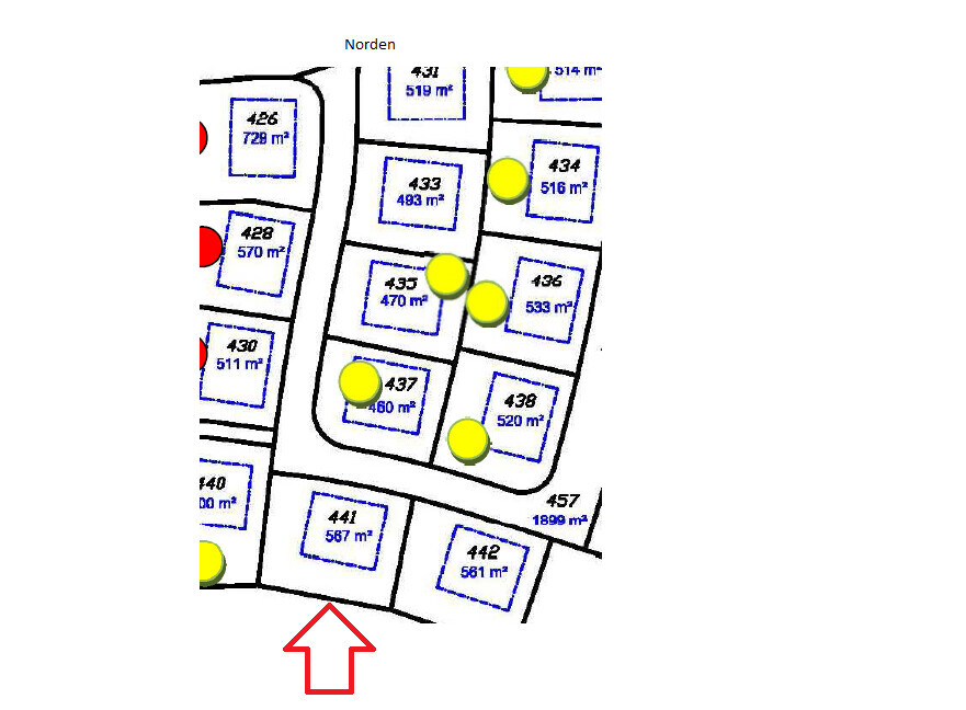 Lageplan mit grundstuecken, grundrissen und gelben markern im baugebiet