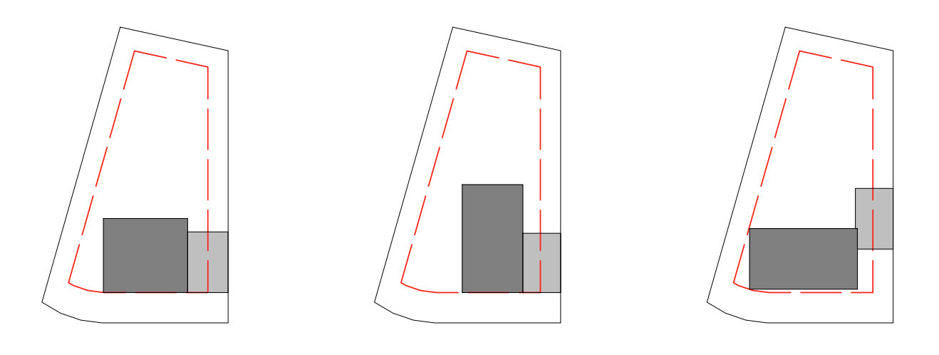 Drei Diagramme eines geneigten Grundrisses mit einer roten gestrichelten Linie und grauen Blöcken.