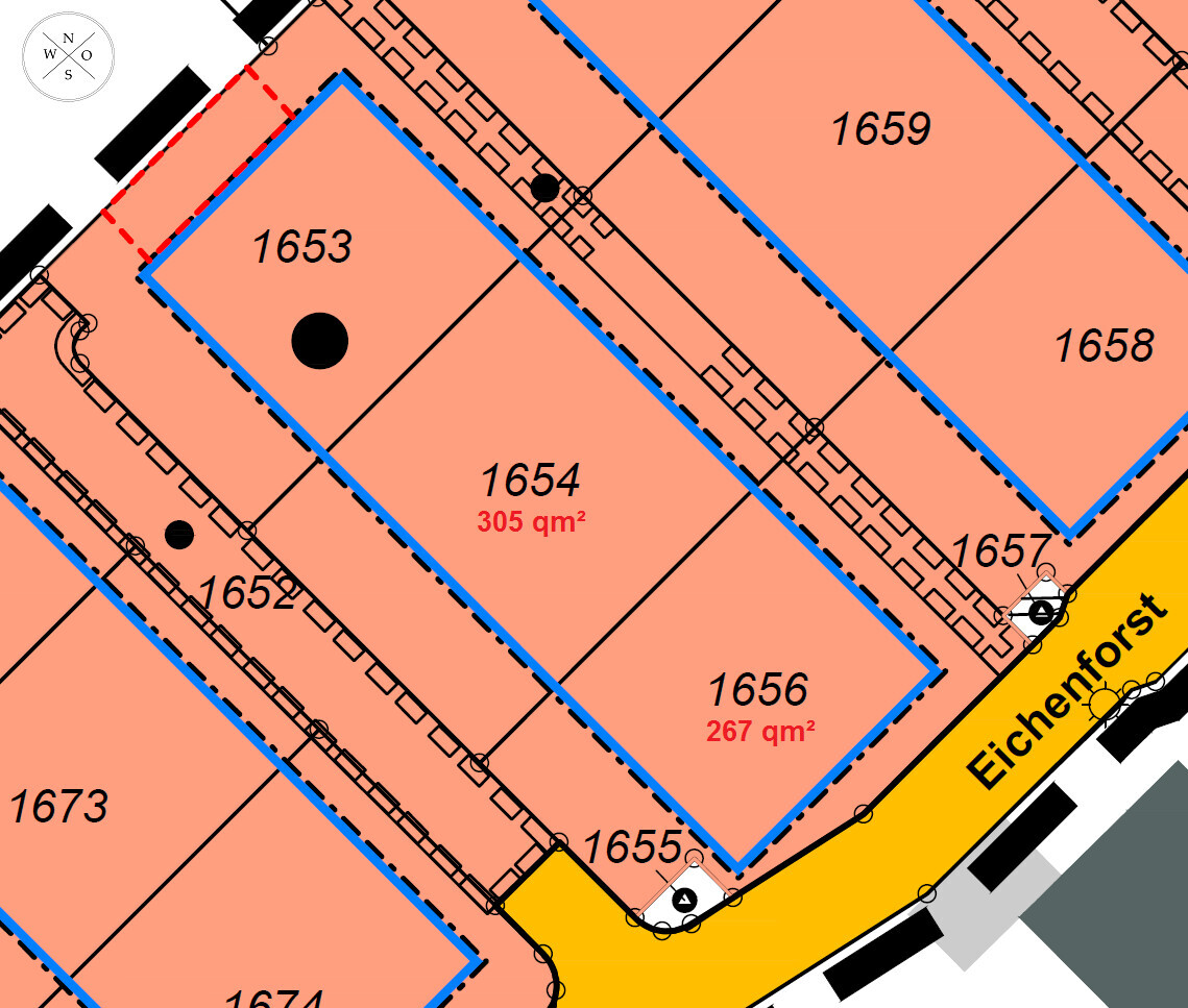 Lageplan mit Grundstücksparzellen Nummern 1653 bis 1659, Straßenverlauf und blau markierte Umrisslinien
