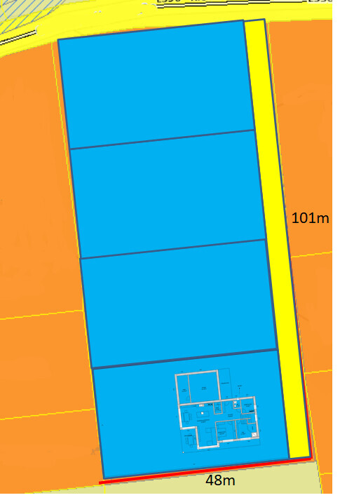 Plotplan: blaues Baugrundstück mit gelber Abgrenzung und Maßen 101 m x 48 m